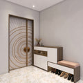 Walnut & White Matte Entryway Shoe Cabinet with Open Display Niche, Three Concealed Cabinet Doors, Two Drawers, Open Shoe Shelf and Blush Upholstered Bench