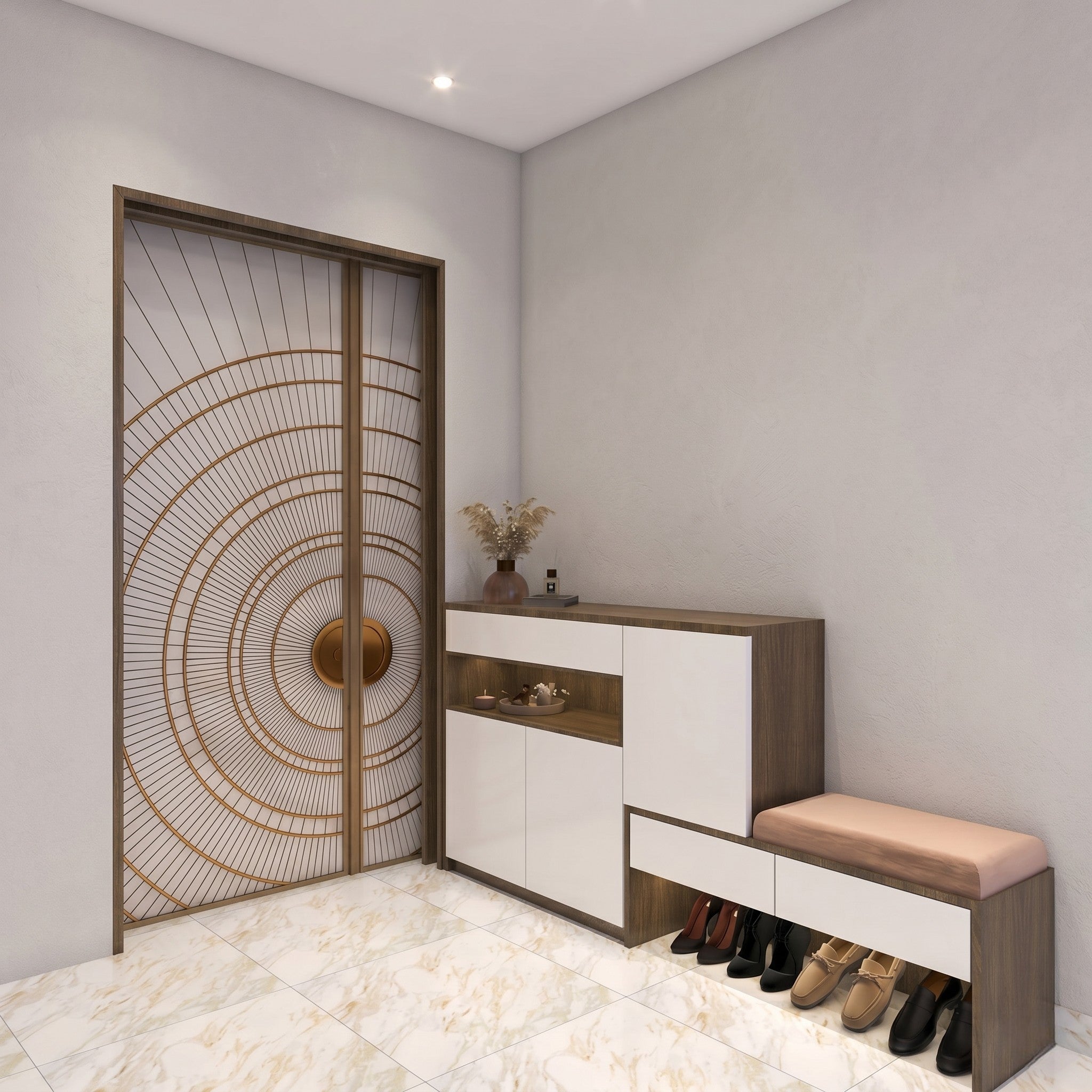 Walnut & White Matte Entryway Shoe Cabinet with Open Display Niche, Three Concealed Cabinet Doors, Two Drawers, Open Shoe Shelf and Blush Upholstered Bench