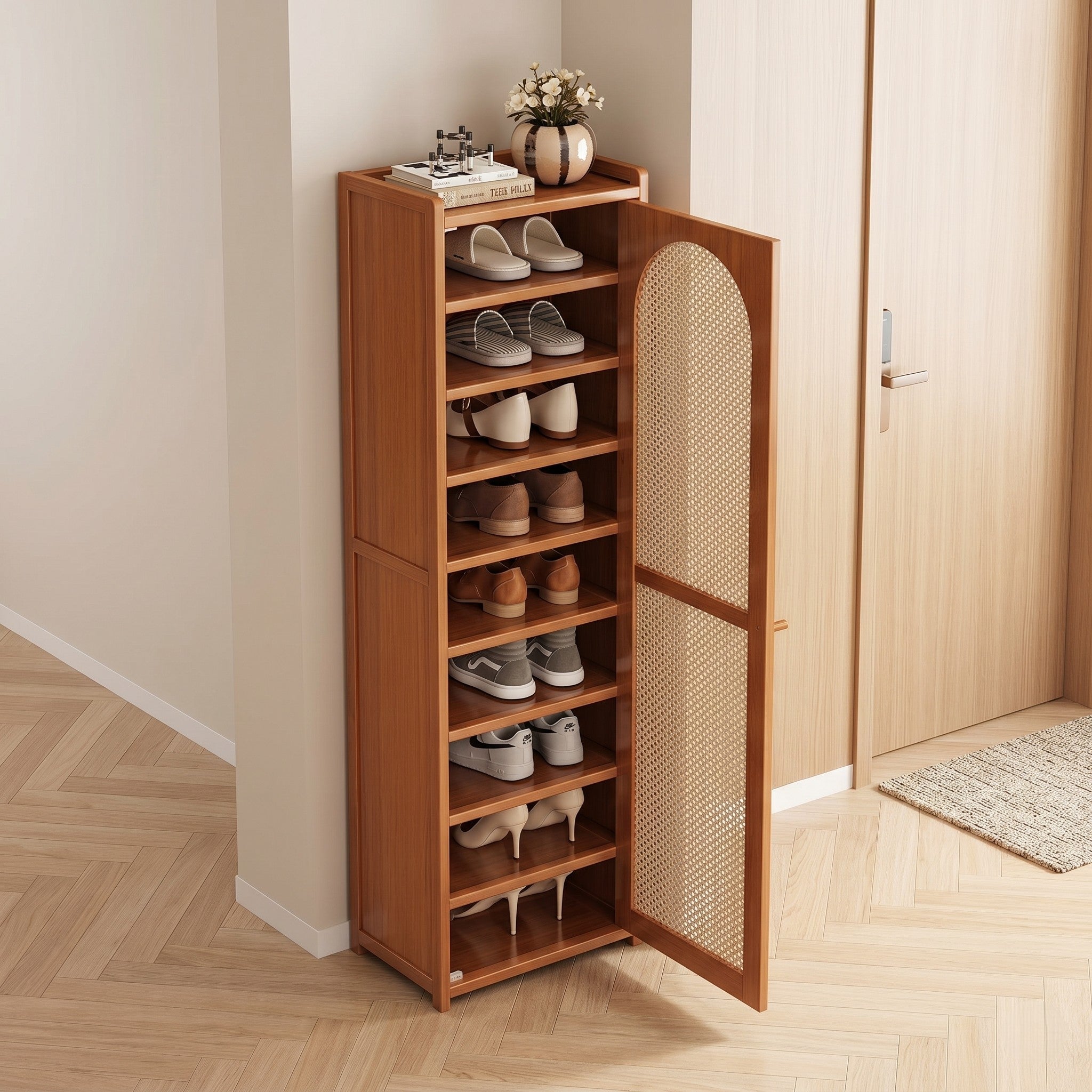 Honey Oak Slim Full-Height Shoe Cabinet with Arched Rattan Door, Nine Open Shoe Shelves and Open Display Top