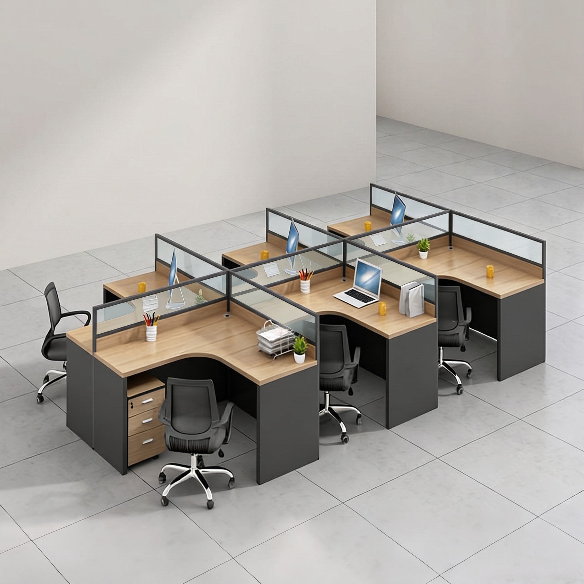 6-Seat L-Shaped Cluster Workstation with Glass Dividers & Pedestals – Oak & Charcoal