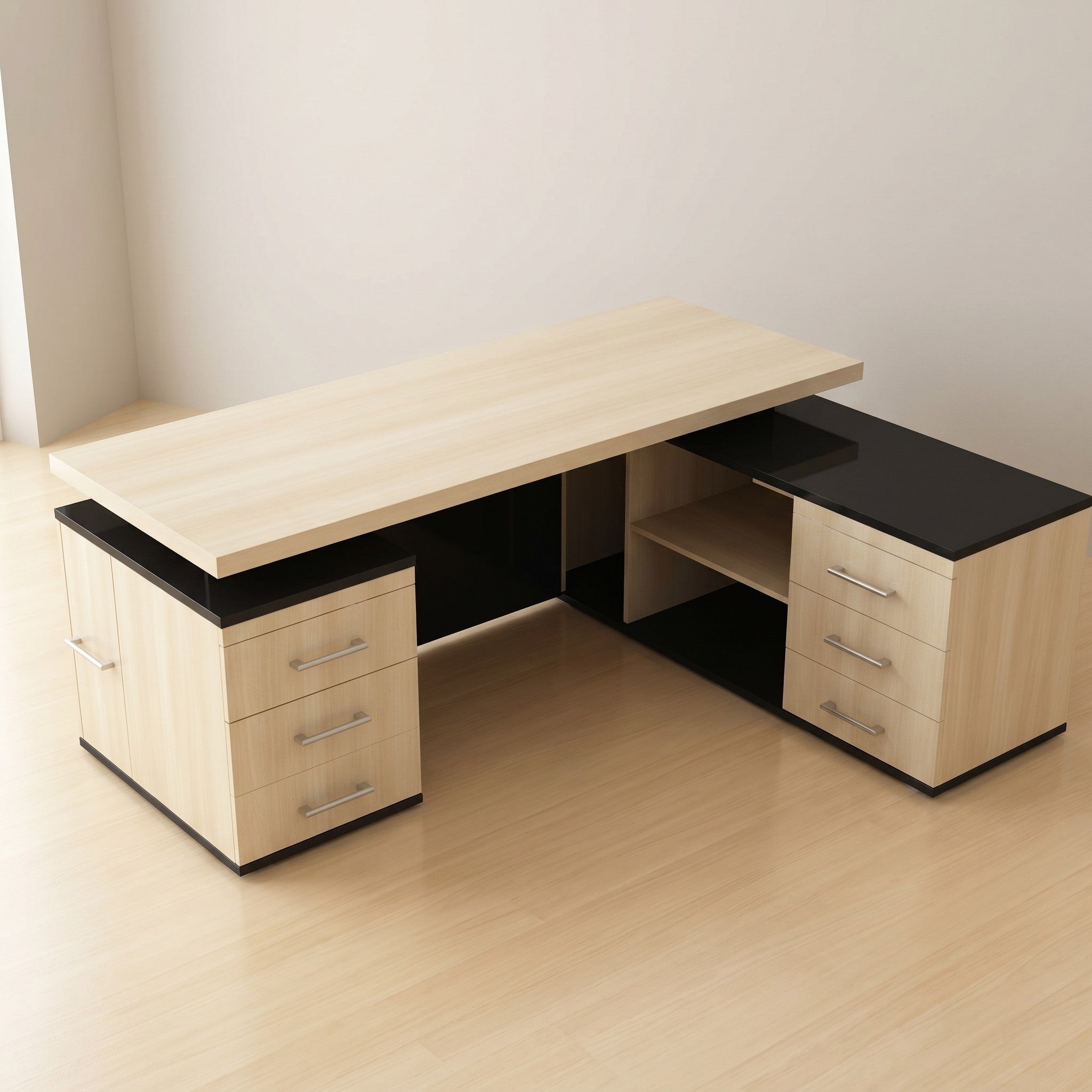 Double-Pedestal Boss Desk with Side Return & Open Shelving – Birch & Black