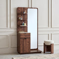 Freestanding Walnut Dressing Unit with Rounded Mirror, Open Shelves & Cabinet