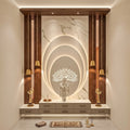 Walnut & White Marble Full-Height Krishna Flute Mandir with LED Oval Halo Arch, Kalpataru Tree Back Panel, Four Walnut Columns, Suspended Gold Bells, Six Drawers and Brass Deepam Lamps