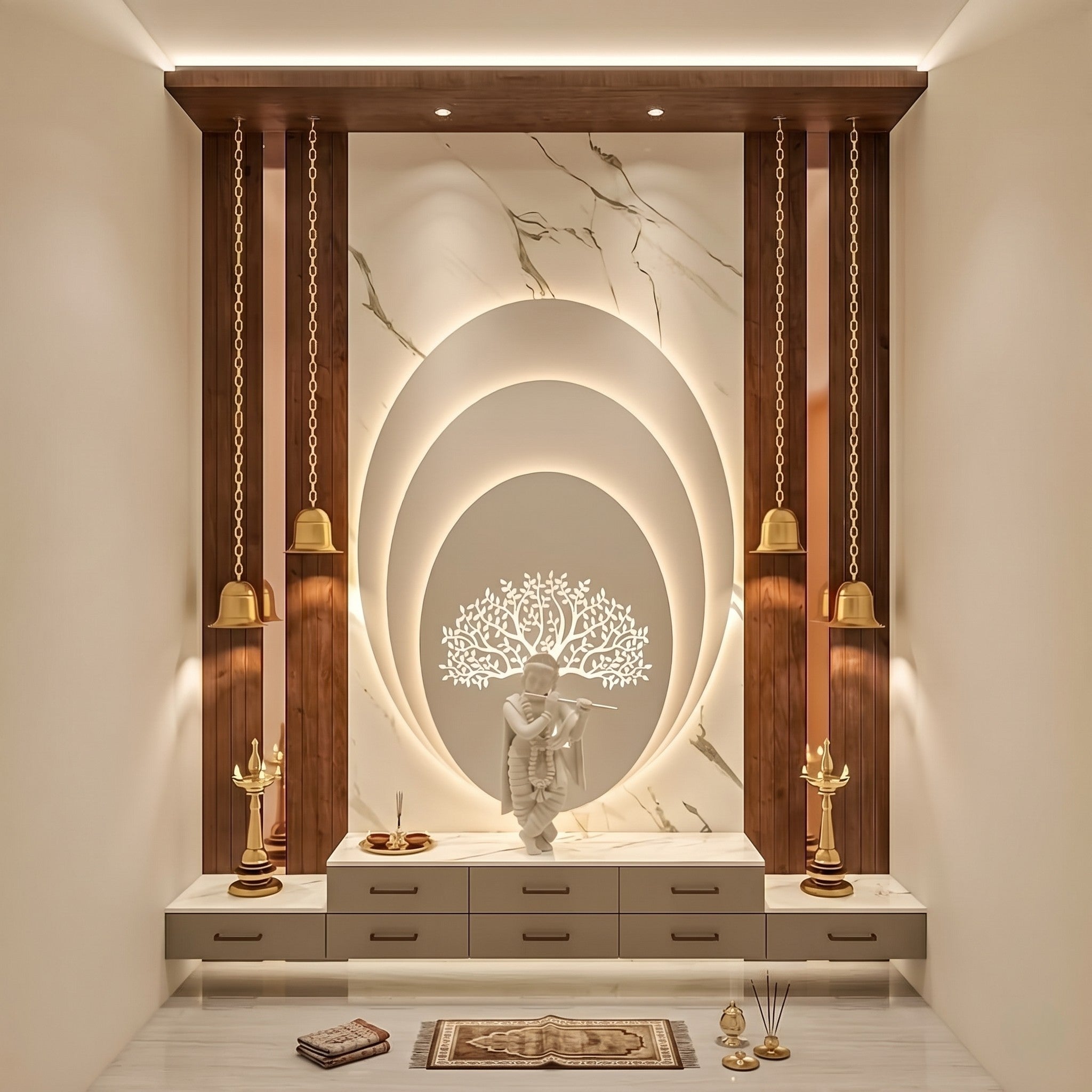 Walnut & White Marble Full-Height Krishna Flute Mandir with LED Oval Halo Arch, Kalpataru Tree Back Panel, Four Walnut Columns, Suspended Gold Bells, Six Drawers and Brass Deepam Lamps