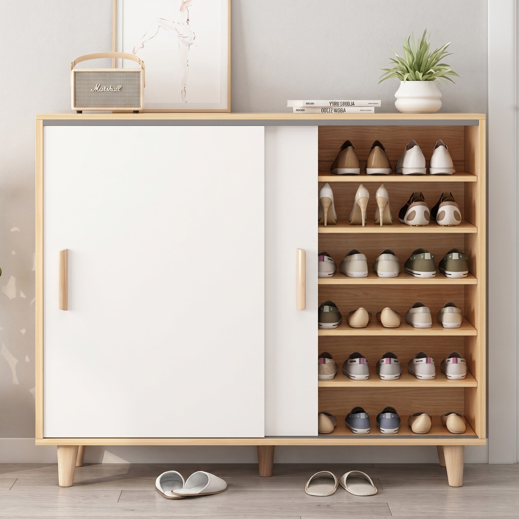 Light Oak & White Sliding Door Shoe Cabinet with Six Open Side Shelves, Concealed Interior Storage and Open Display Top on Tapered Legs