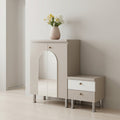 Greige Matte Arched-Door Shoe Cabinet with Two White Drawers, Open Display Top and Chrome Legs
