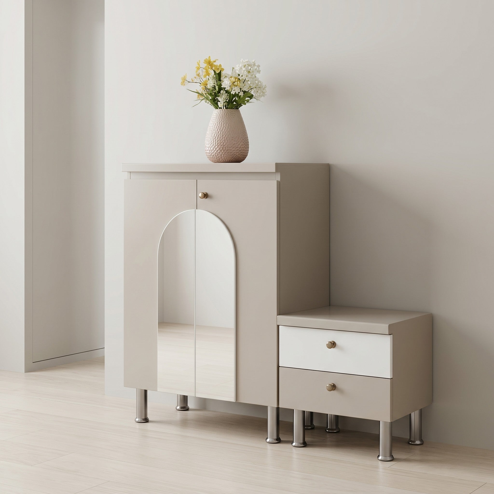 Greige Matte Arched-Door Shoe Cabinet with Two White Drawers, Open Display Top and Chrome Legs