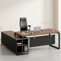 L-Shaped Boss Desk with Open Shelving Return & Sled Frame – Dark Walnut & Black