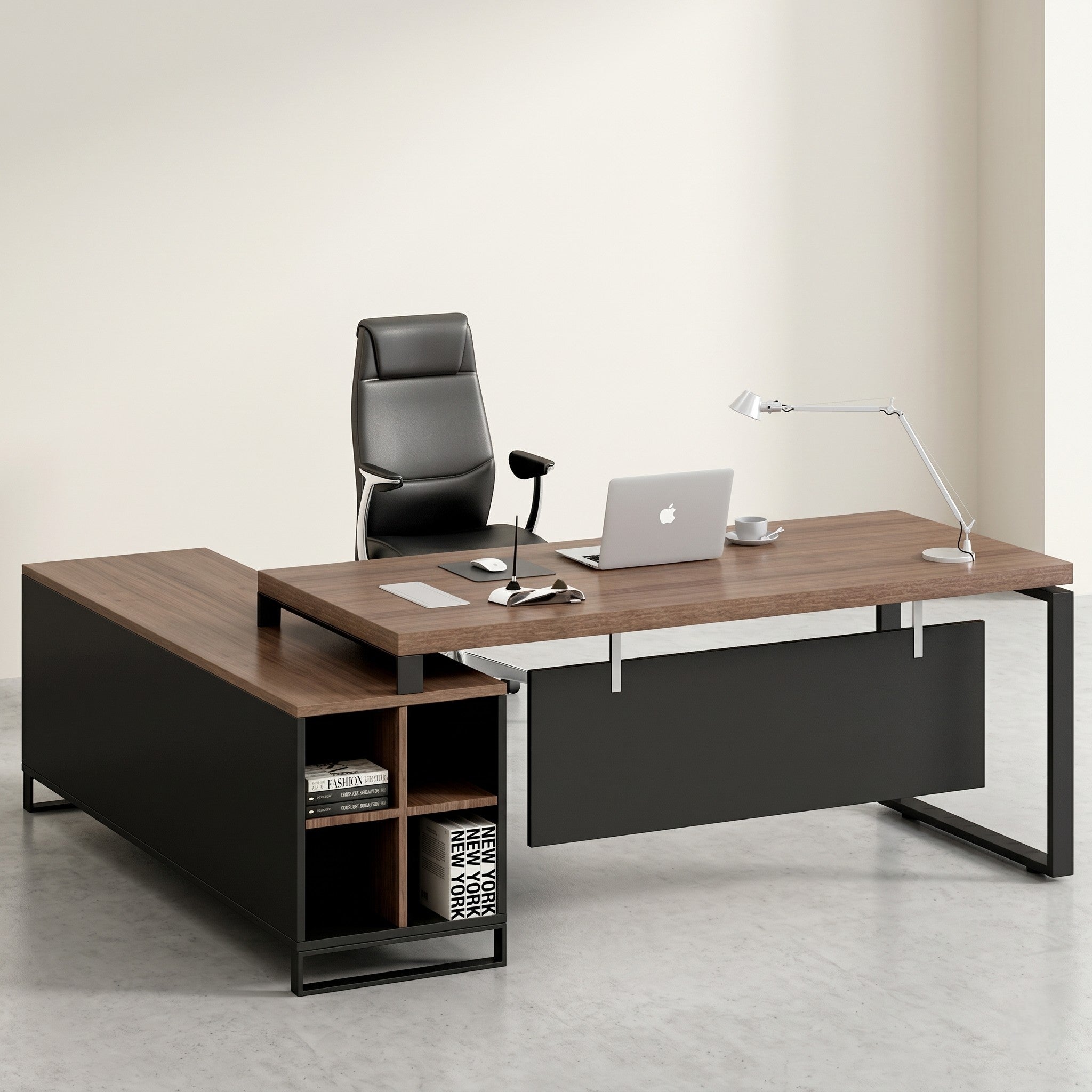 L-Shaped Boss Desk with Open Shelving Return & Sled Frame – Dark Walnut & Black