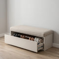 Cream Matte Upholstered Shoe Storage Bench with Full-Width Pull-Out Shoe Drawer and Linen Seat Cushion