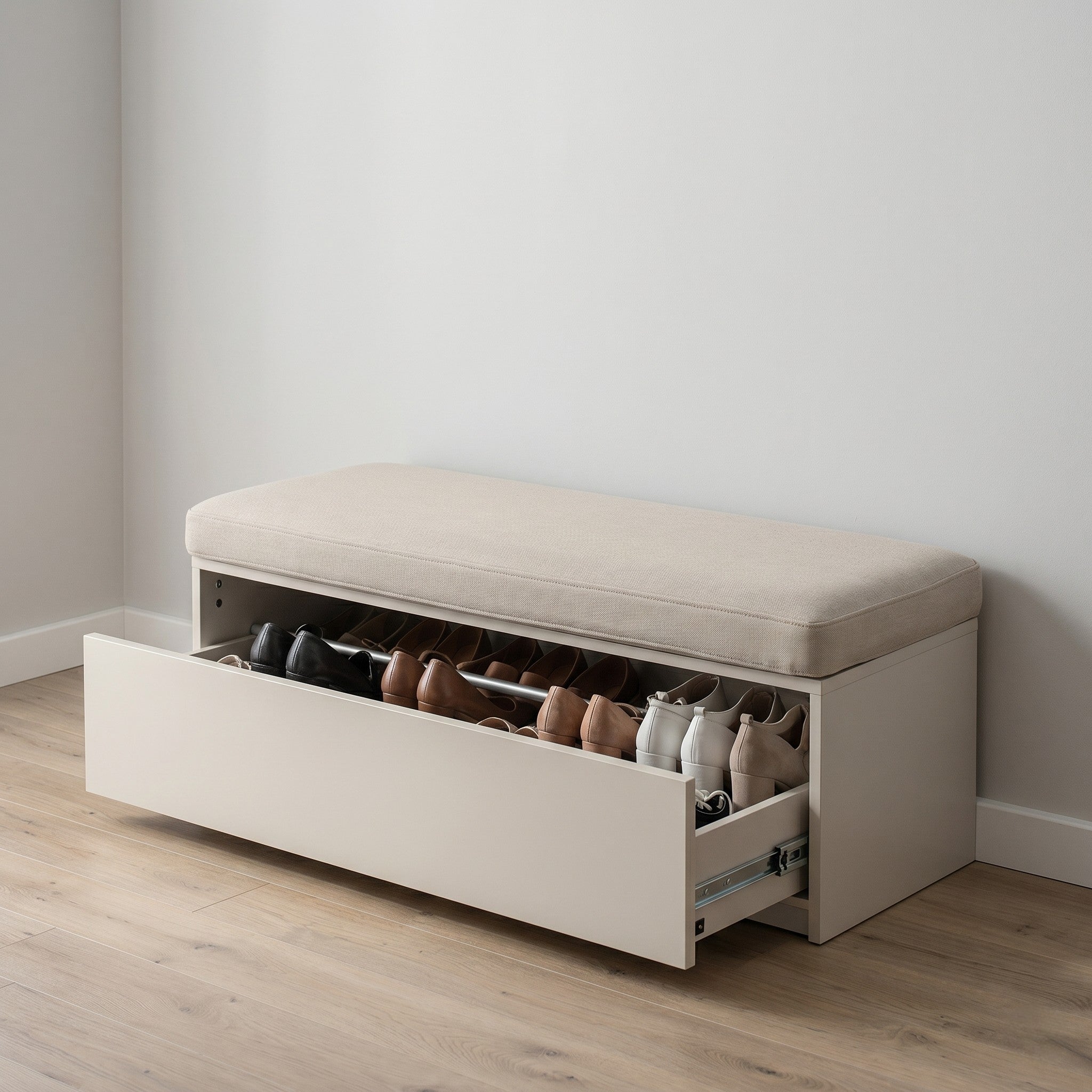 Cream Matte Upholstered Shoe Storage Bench with Full-Width Pull-Out Shoe Drawer and Linen Seat Cushion