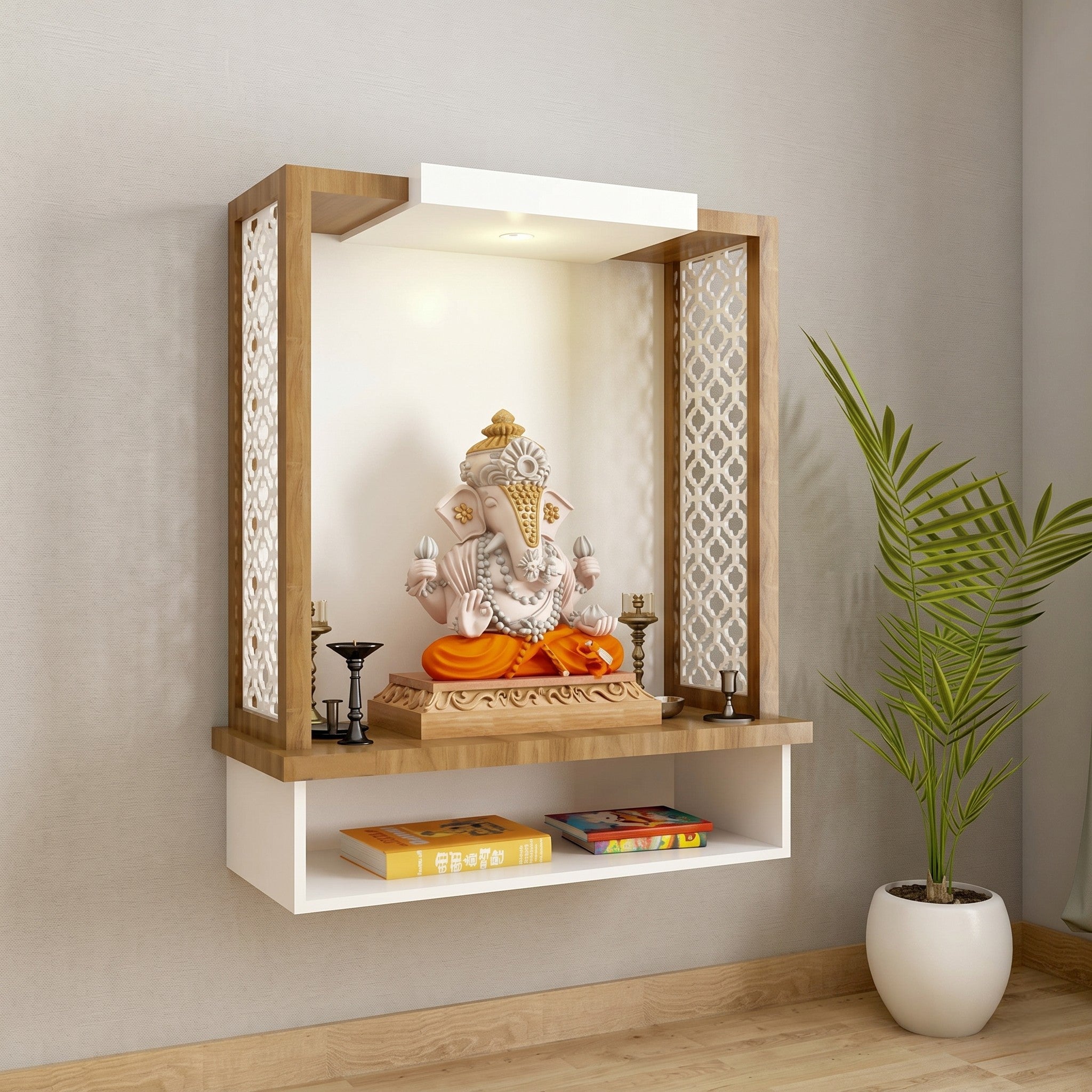 Oak & White Wall-Mounted Ganesha Mandir with Moroccan Jali Side Panels, LED Canopy Light, Open Altar Shelf and Lower Display Niche