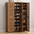 Walnut Full-Height Three-Door Louvred Shoe Wardrobe with Nine Open Shelves Per Section, Boot Storage and Open Display Top