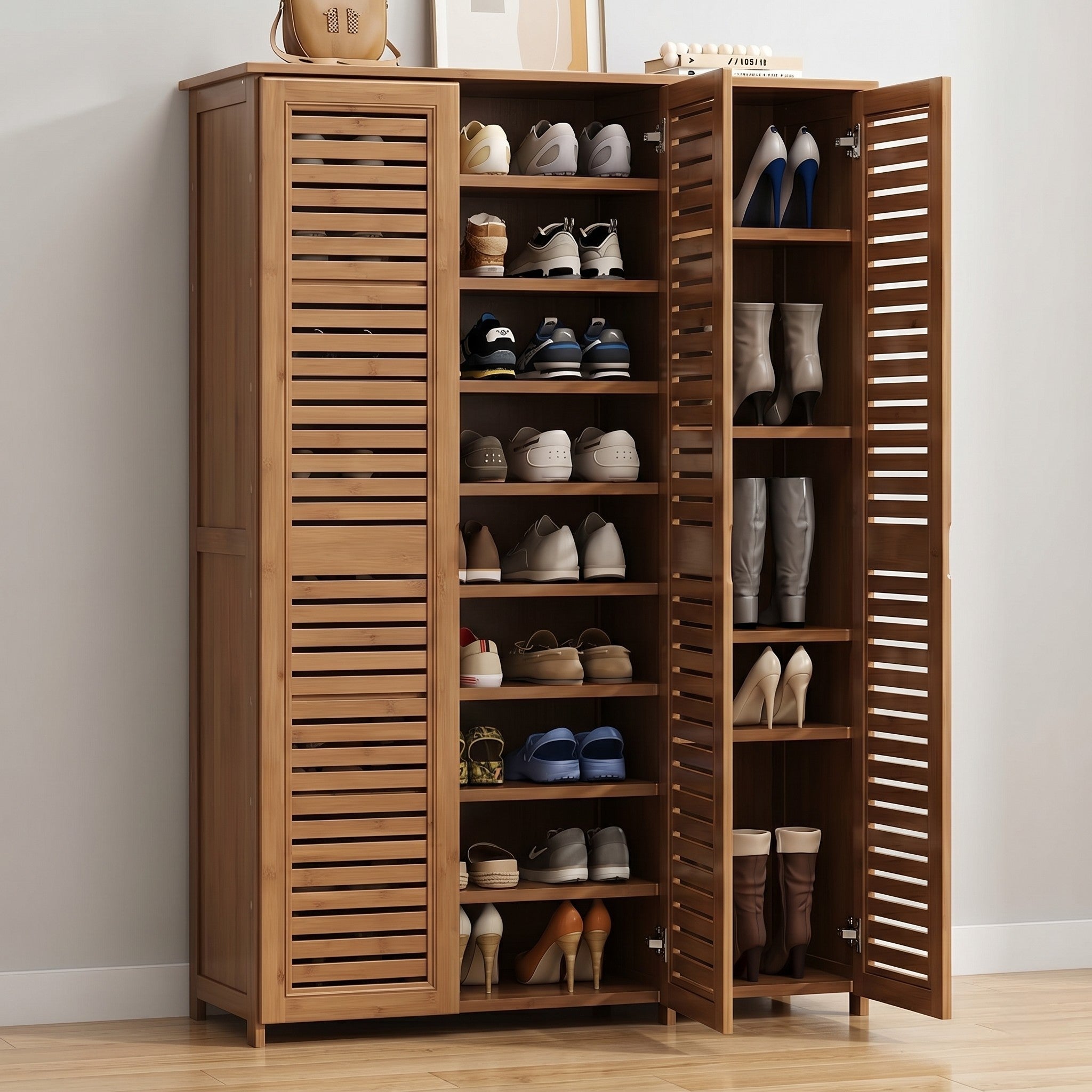 Walnut Full-Height Three-Door Louvred Shoe Wardrobe with Nine Open Shelves Per Section, Boot Storage and Open Display Top