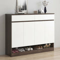 Dark Walnut & White Gloss Wide Shoe Cabinet with Four Flip-Down Doors, One Full-Width Drawer, Open Base Shoe Shelf and Dark Walnut Display Top