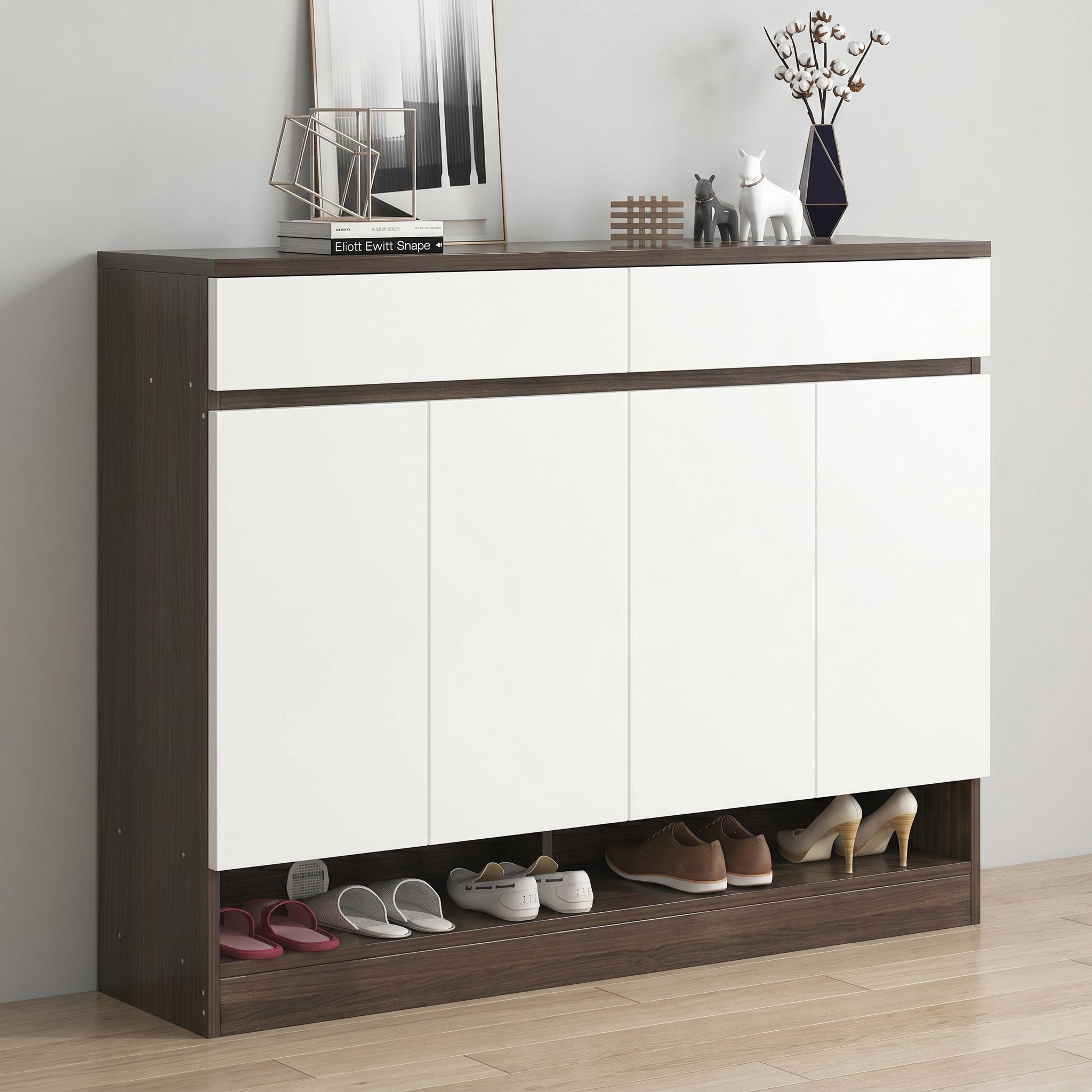 Dark Walnut & White Gloss Wide Shoe Cabinet with Four Flip-Down Doors, One Full-Width Drawer, Open Base Shoe Shelf and Dark Walnut Display Top