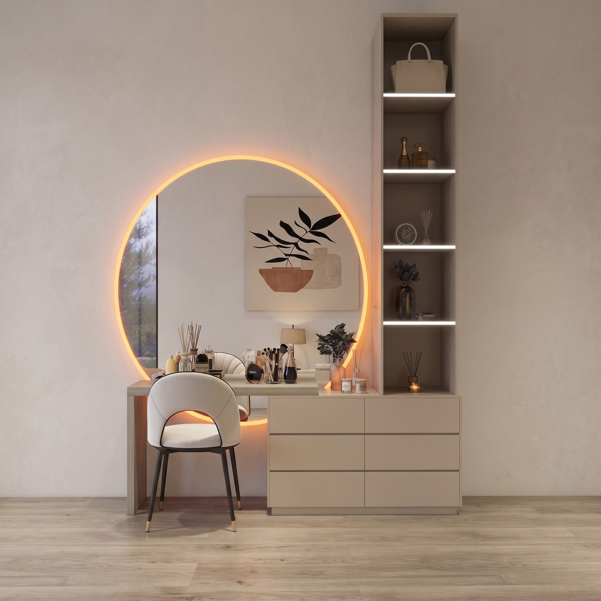 LED Backlit Round Mirror Vanity with Six-Drawer Dresser & Illuminated Display Tower