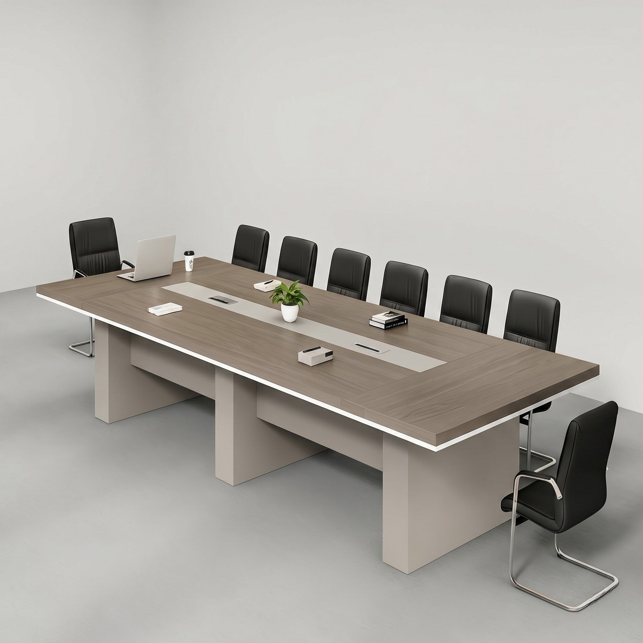 Boat-Shaped Boardroom Table with Pedestal Base & Cable Management – Grey Oak