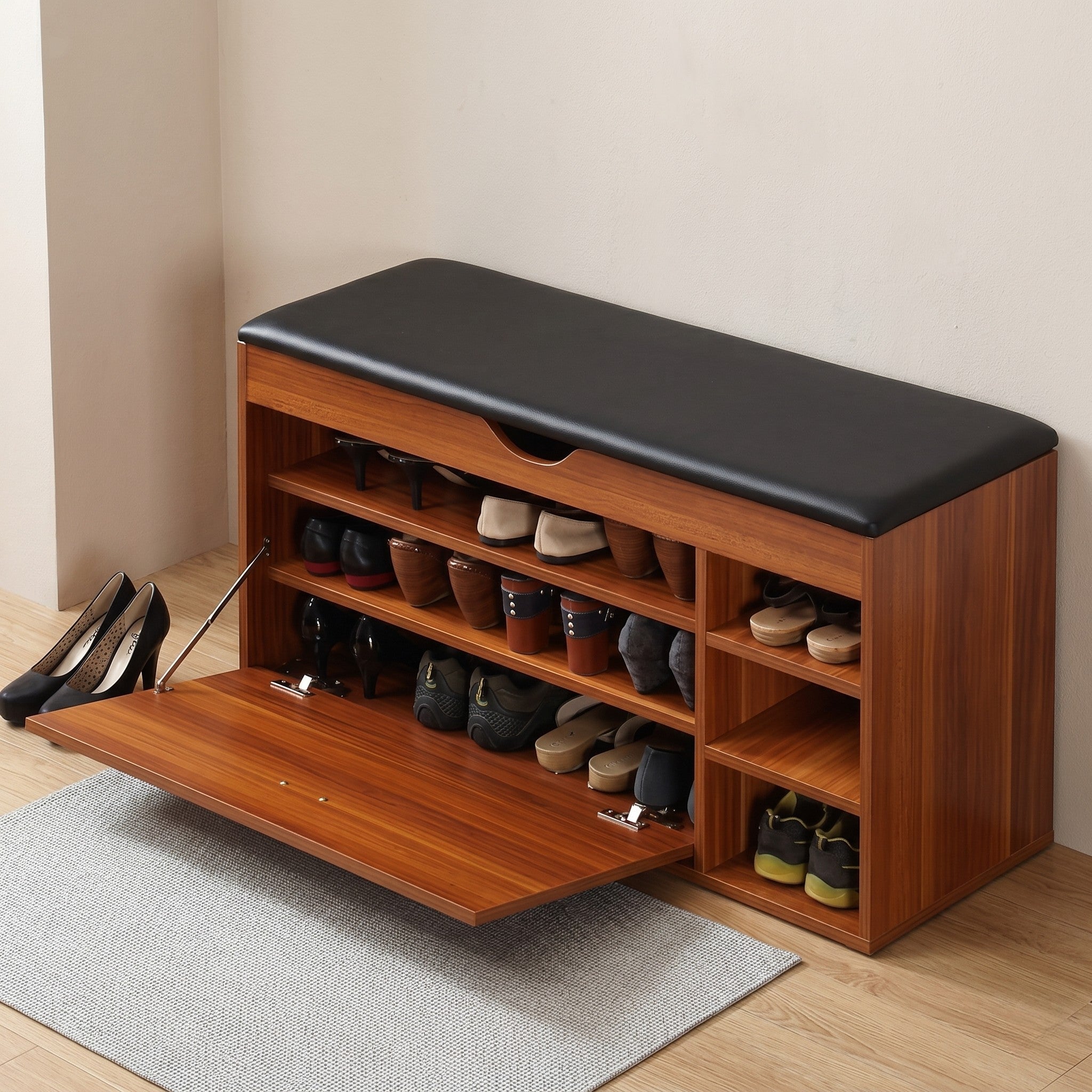 Walnut Shoe Storage Bench with Black Leather Seat, Two Flip-Down Doors, Four Open Side Niches and Three Open Shoe Shelves