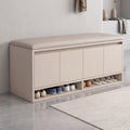 Cream Matte Wide Shoe Storage Bench with Leather Seat Cushion, Four Flip-Down Doors and Open Base Shoe Shelf