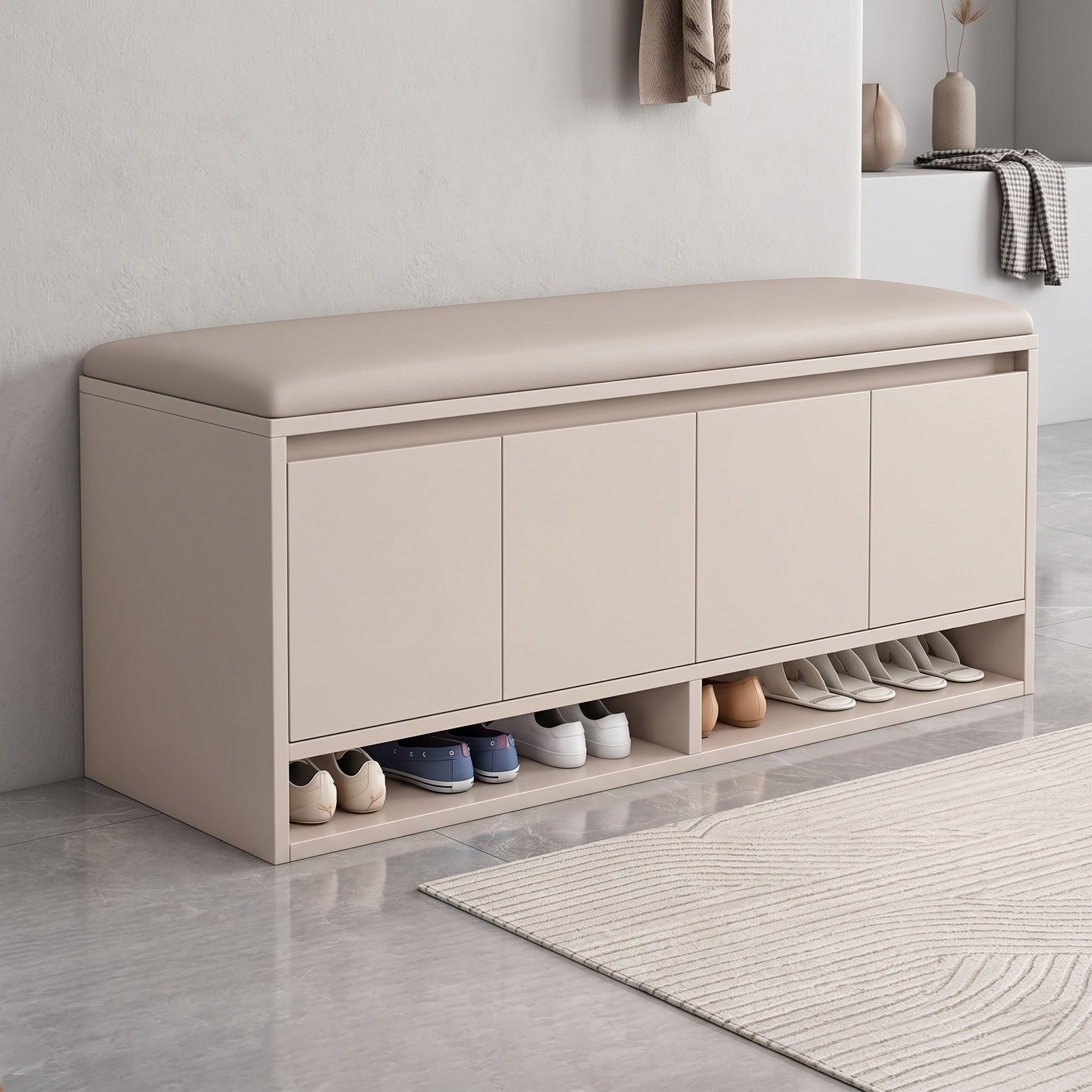 Cream Matte Wide Shoe Storage Bench with Leather Seat Cushion, Four Flip-Down Doors and Open Base Shoe Shelf
