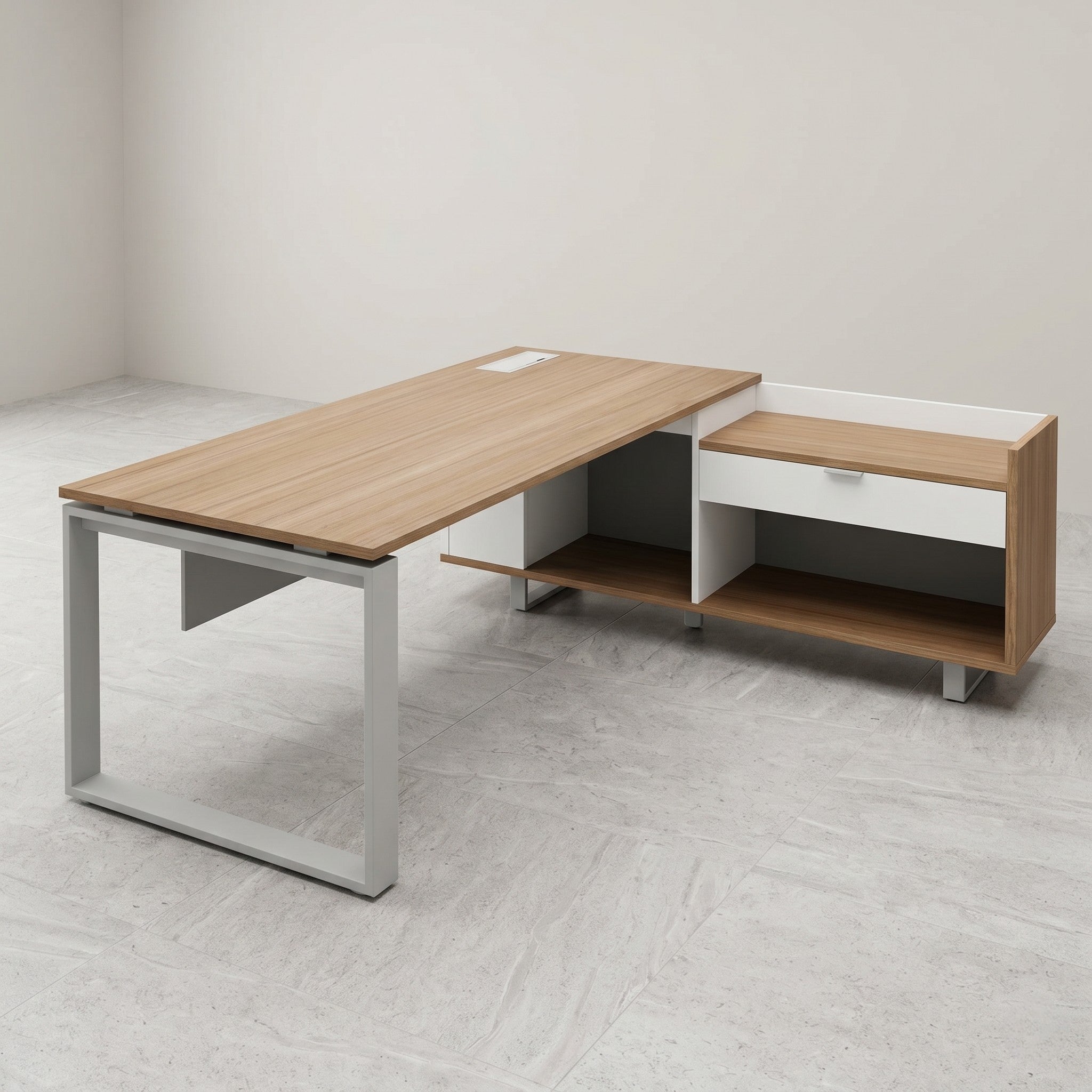 L-Shaped Executive Desk with Integrated Storage Return & Cable Port – Oak & White