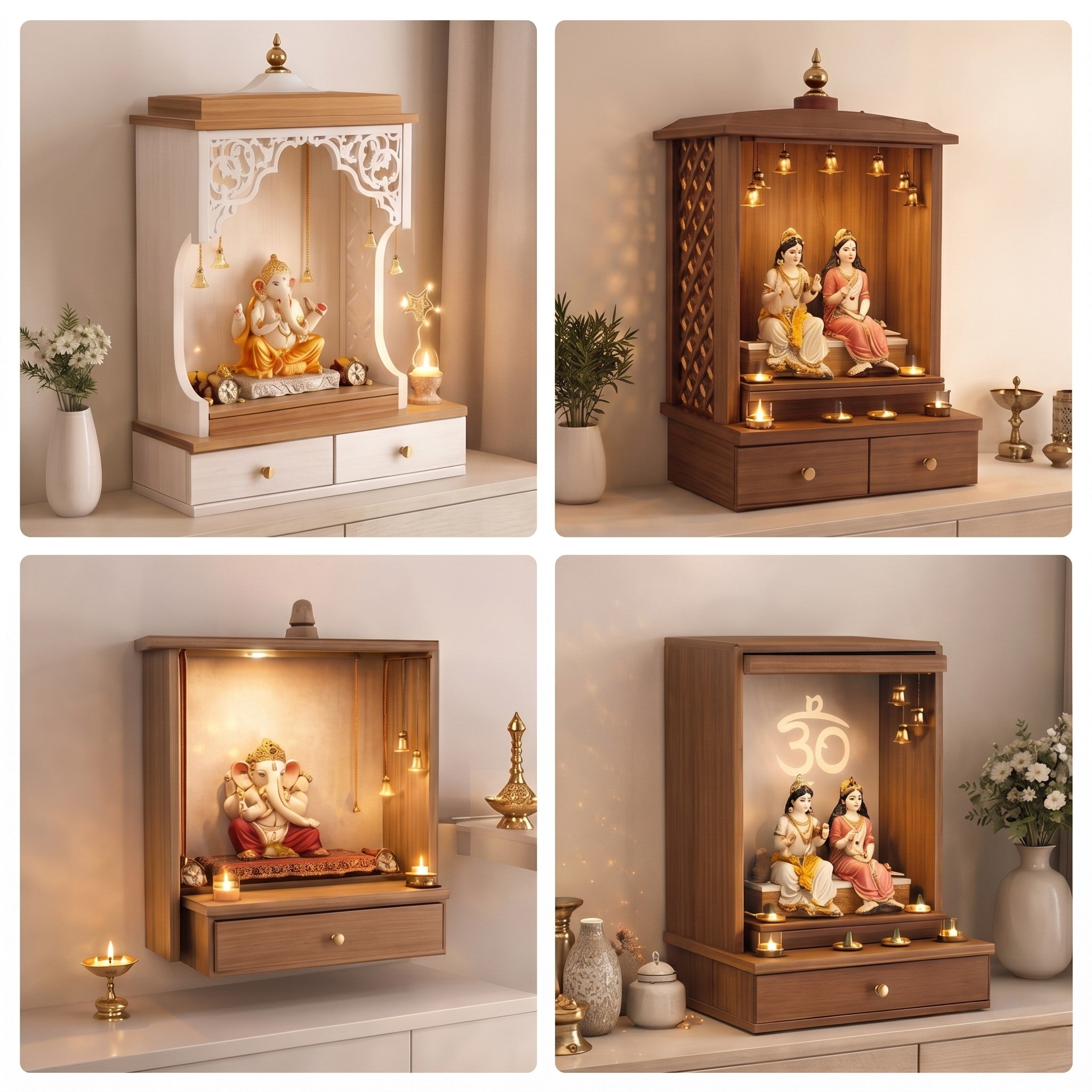 Traditional Wooden Home Mandir Collection — Four Styles with Jali Arch, Diamond Lattice, Wall-Mounted and Om Backlit Designs with Suspended Bells, LED Lighting and Drawers