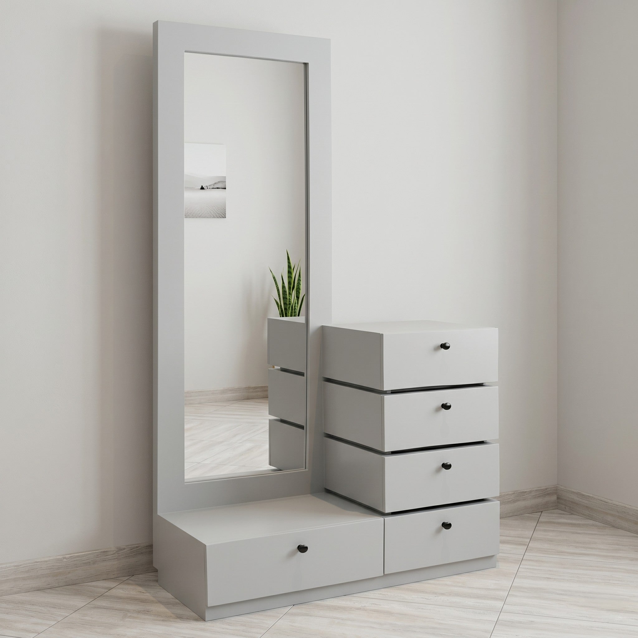 Minimalist Matte Grey Dressing Unit with Full-Length Mirror & Five-Drawer Chest