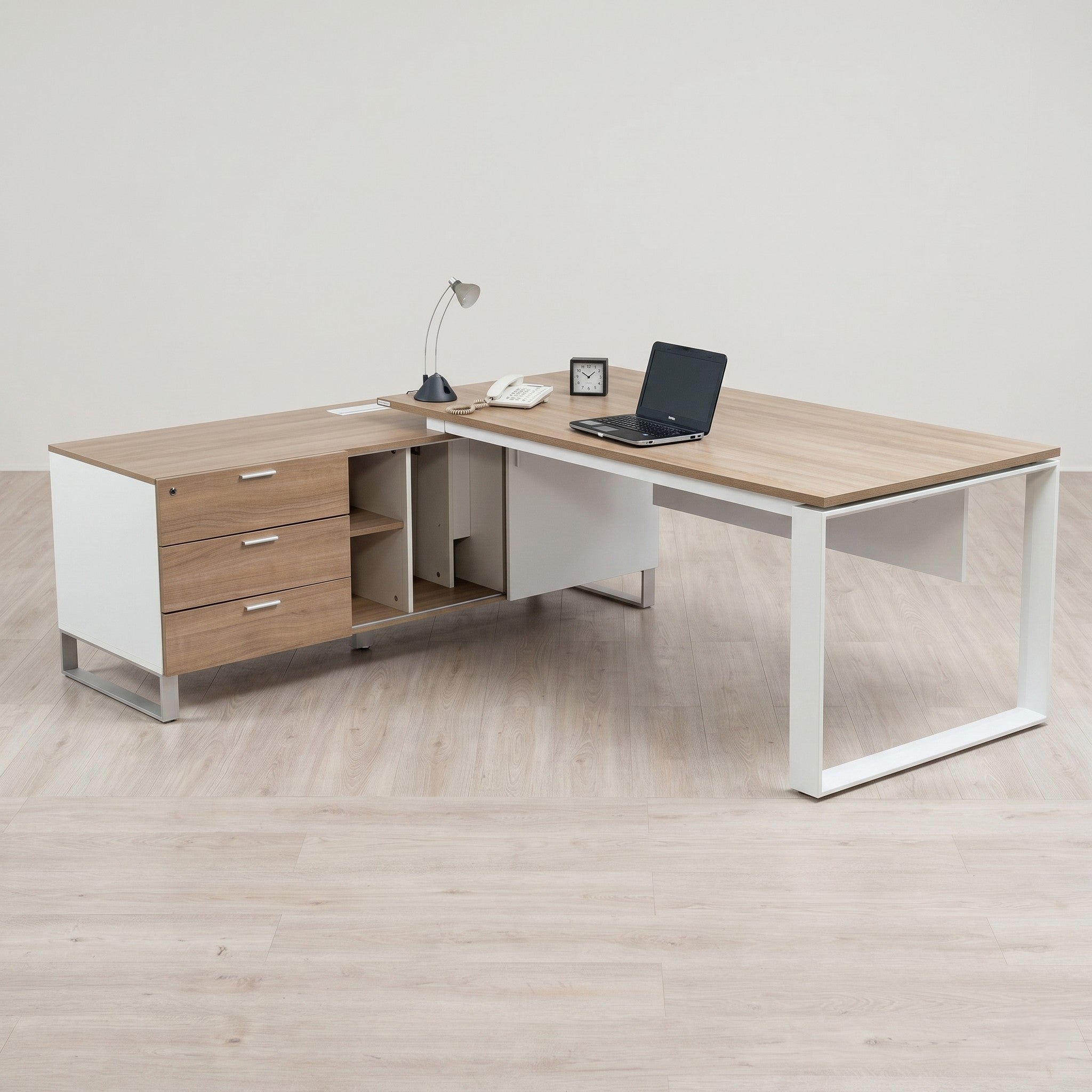 L-Shaped Executive Desk with Credenza & Open Shelving – Oak & White