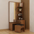 Walnut Dressing Unit with LED Fluted Mirror Panel, Corner Shelves & Cabinet