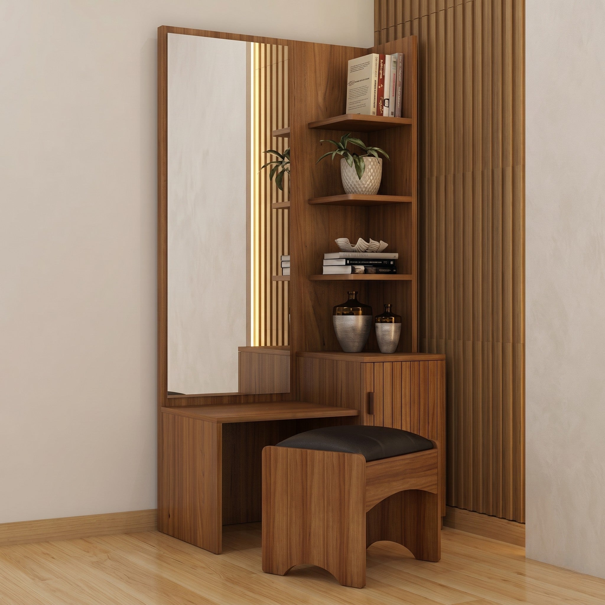 Walnut Dressing Unit with LED Fluted Mirror Panel, Corner Shelves & Cabinet