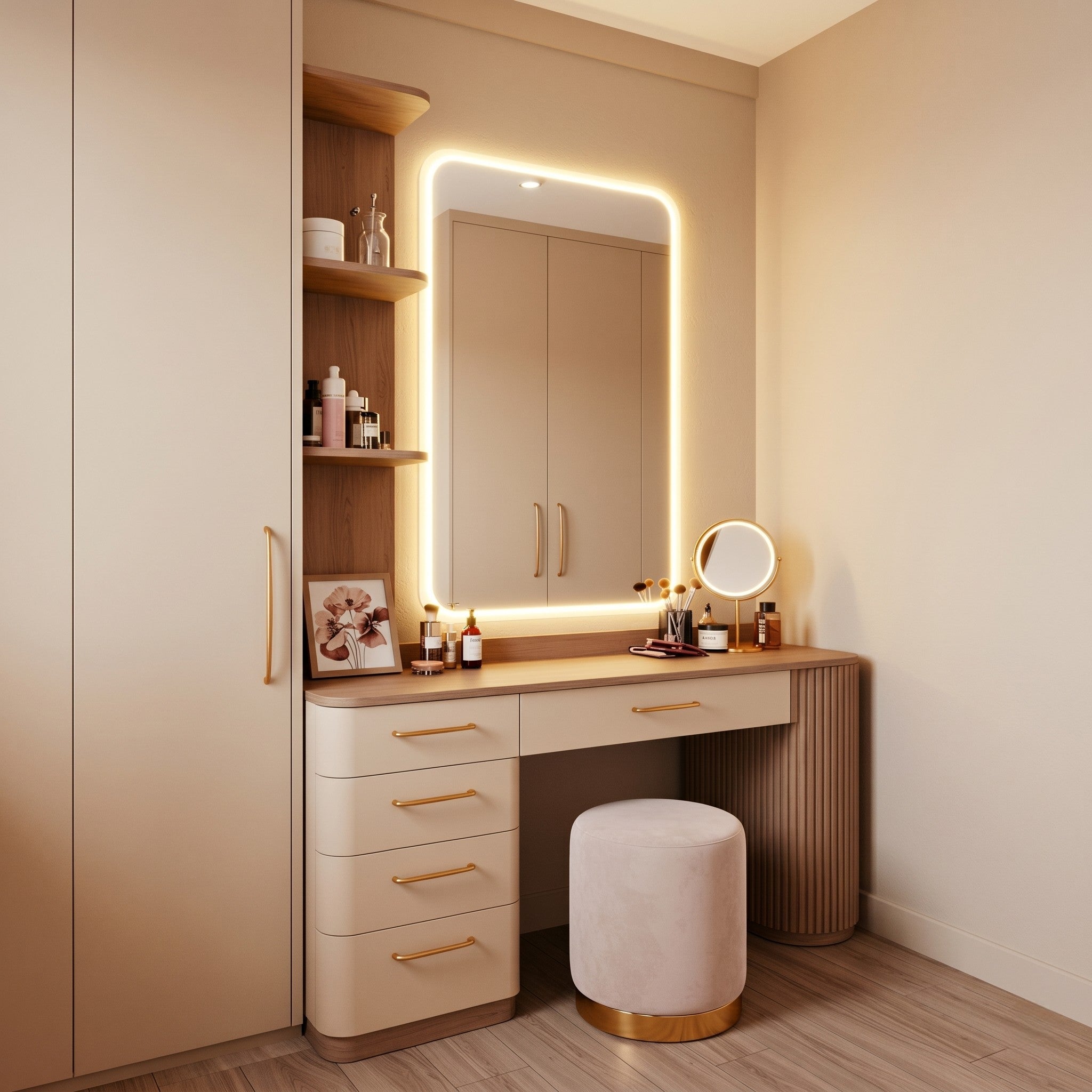 Built-In Vanity Nook with LED Backlit Mirror, Overhead Cabinet, Open Shelves & Fluted Side Panel