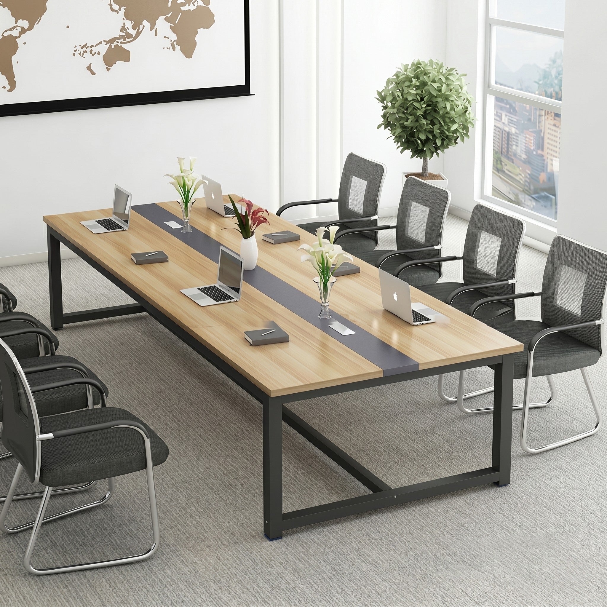 Large Conference Table with Cable Management Strip & Square Loop Frame – Oak & Black