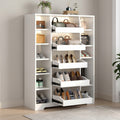 White Full-Height Shoe & Handbag Storage Unit with Five Pull-Out Tilted Shoe Drawers, Six Open Side Niches, Two LED-Lit Handbag Shelves and Open Display Top