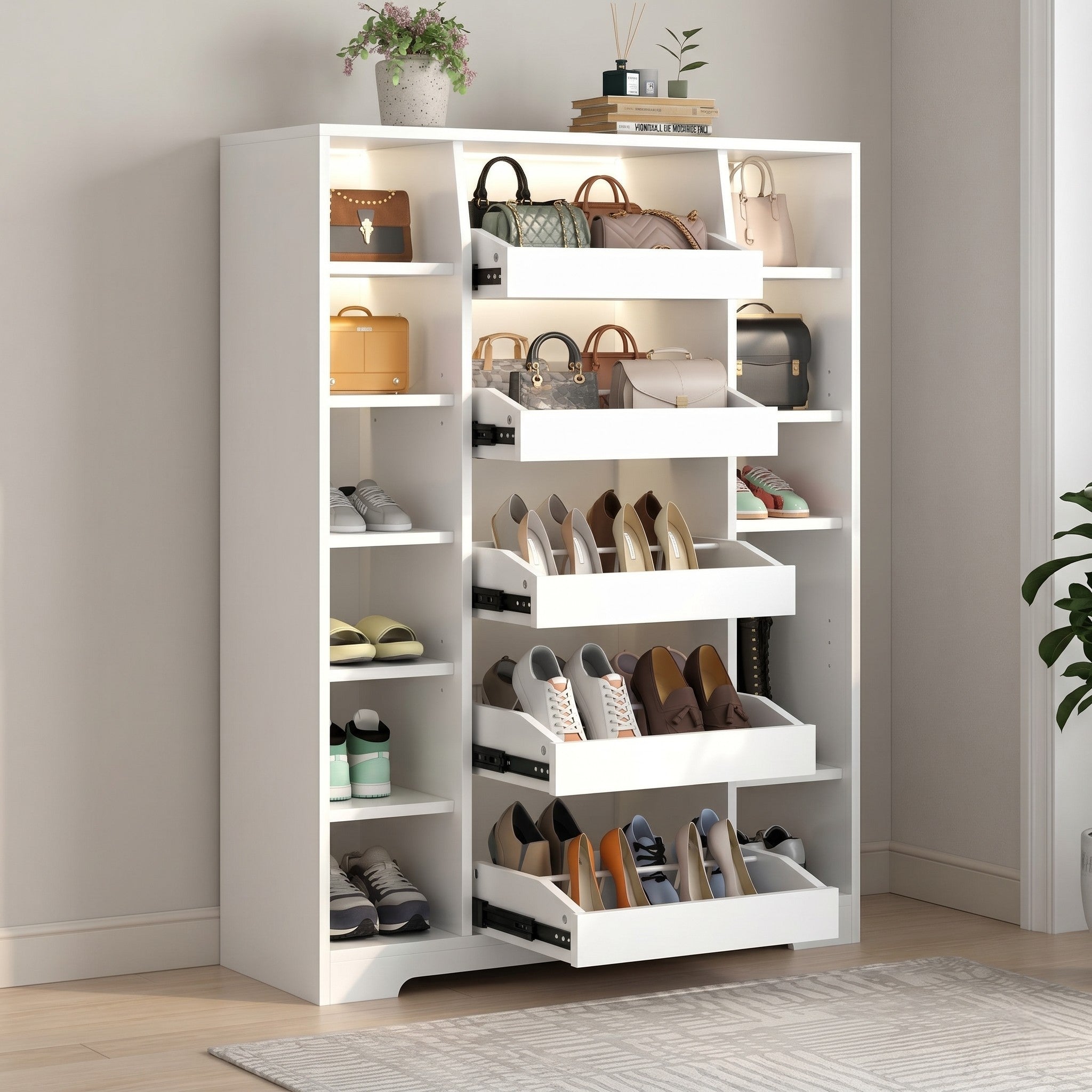 White Full-Height Shoe & Handbag Storage Unit with Five Pull-Out Tilted Shoe Drawers, Six Open Side Niches, Two LED-Lit Handbag Shelves and Open Display Top