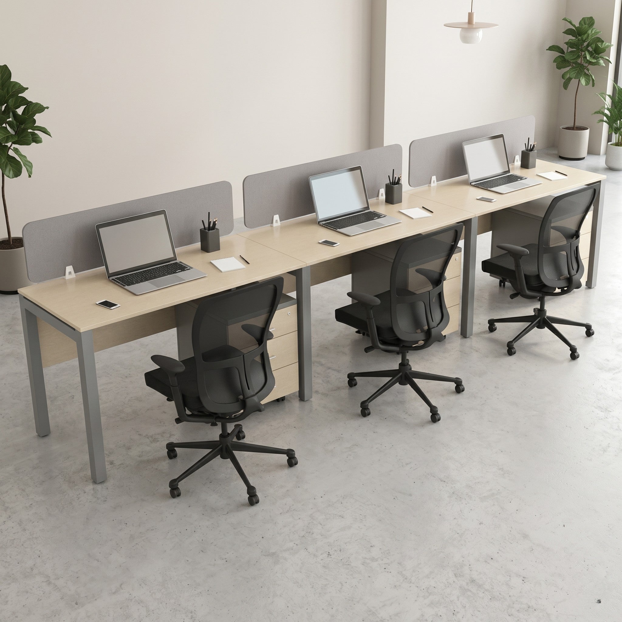 3-Seat Linear Bench Workstation with Acoustic Dividers – Light Maple & Silver