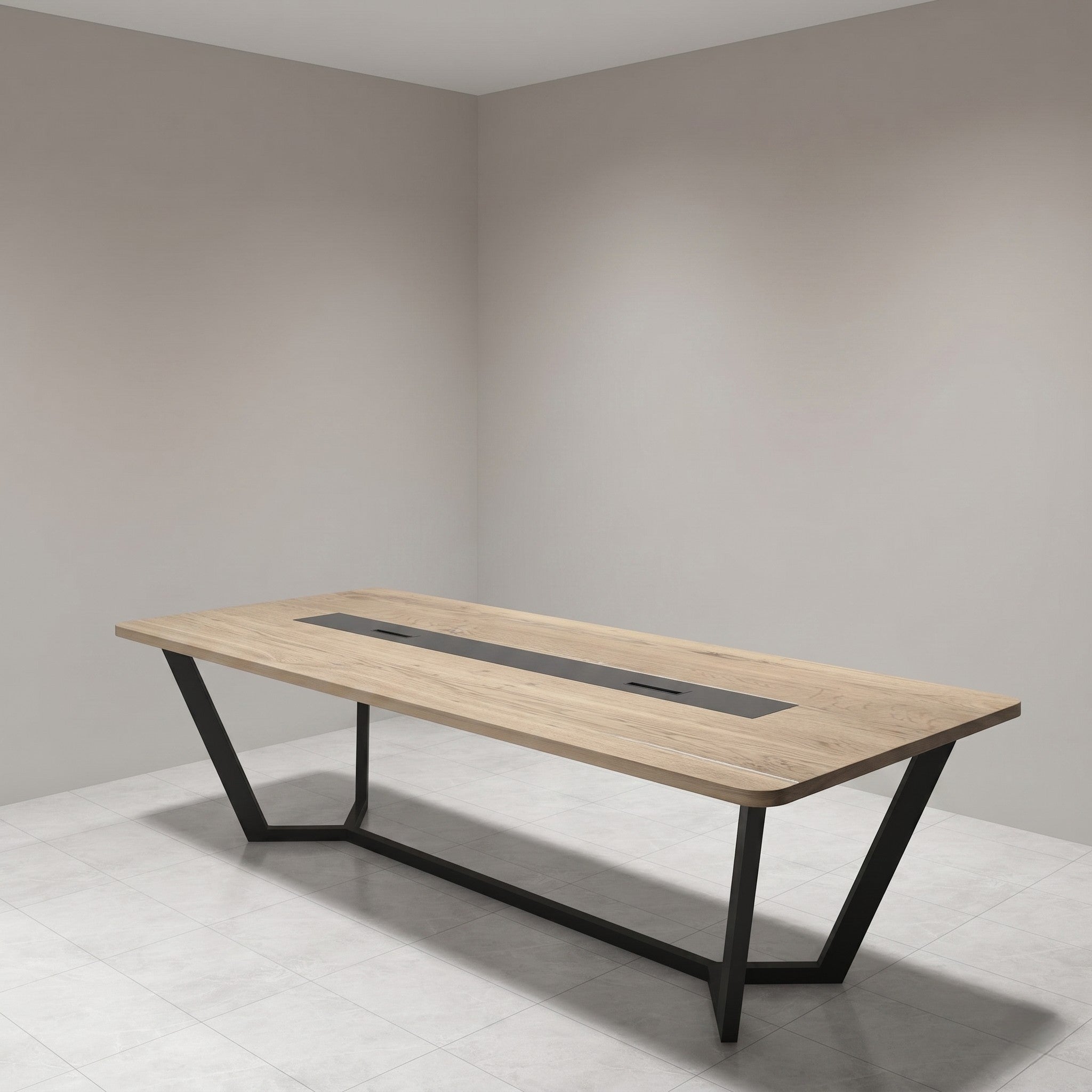 Rectangular Conference Table with V-Frame Legs & Cable Management – Oak & Black