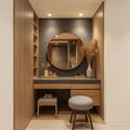 Recessed Walk-In Dressing Alcove with Round Gold Mirror, Oak Vanity & Flanking Wardrobe Panels