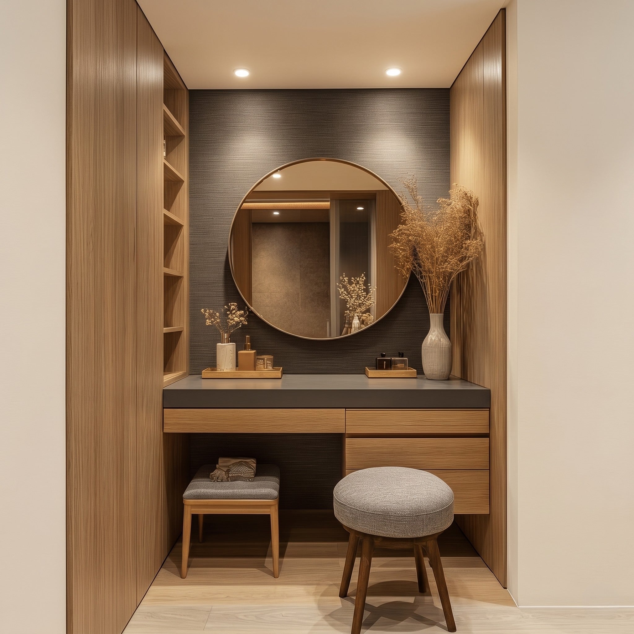 Recessed Walk-In Dressing Alcove with Round Gold Mirror, Oak Vanity & Flanking Wardrobe Panels