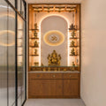 Walnut Full-Height Alcove Ganesha Mandir with Backlit Om Lotus Mandala Arch, Teak Grid Canopy, Eight Suspended Gold Bells, Six Walnut Deity Shelves, Marble Altar and Three Drawers with Two Cabinet Doors