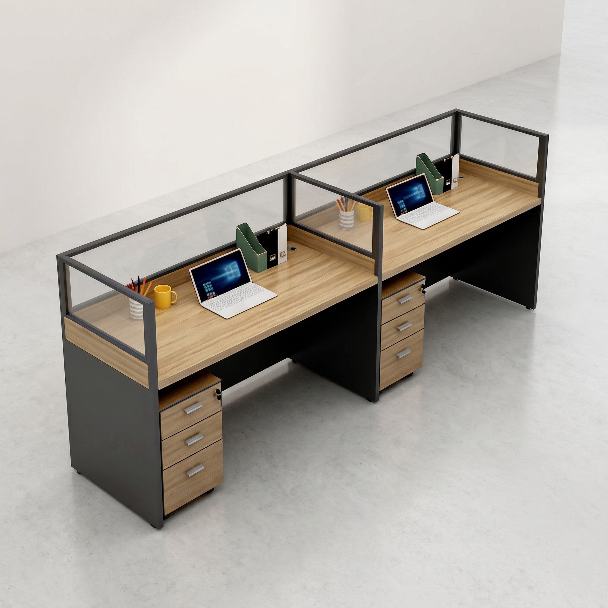 2-Seat Linear Workstation with Tall Glass Screens & Mobile Pedestals – Oak & Charcoal