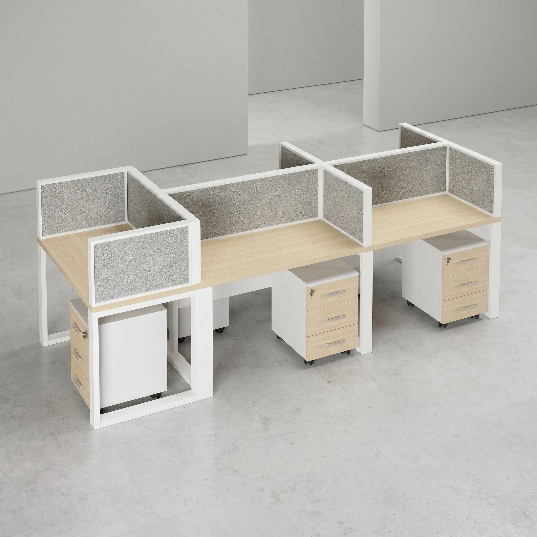 4-Seat Back-to-Back Workstation with Tall Fabric Screens & Mobile Pedestals – Maple & White