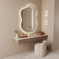 Floating Marble-Top Vanity with Organic LED Backlit Mirror & Boucle Chair
