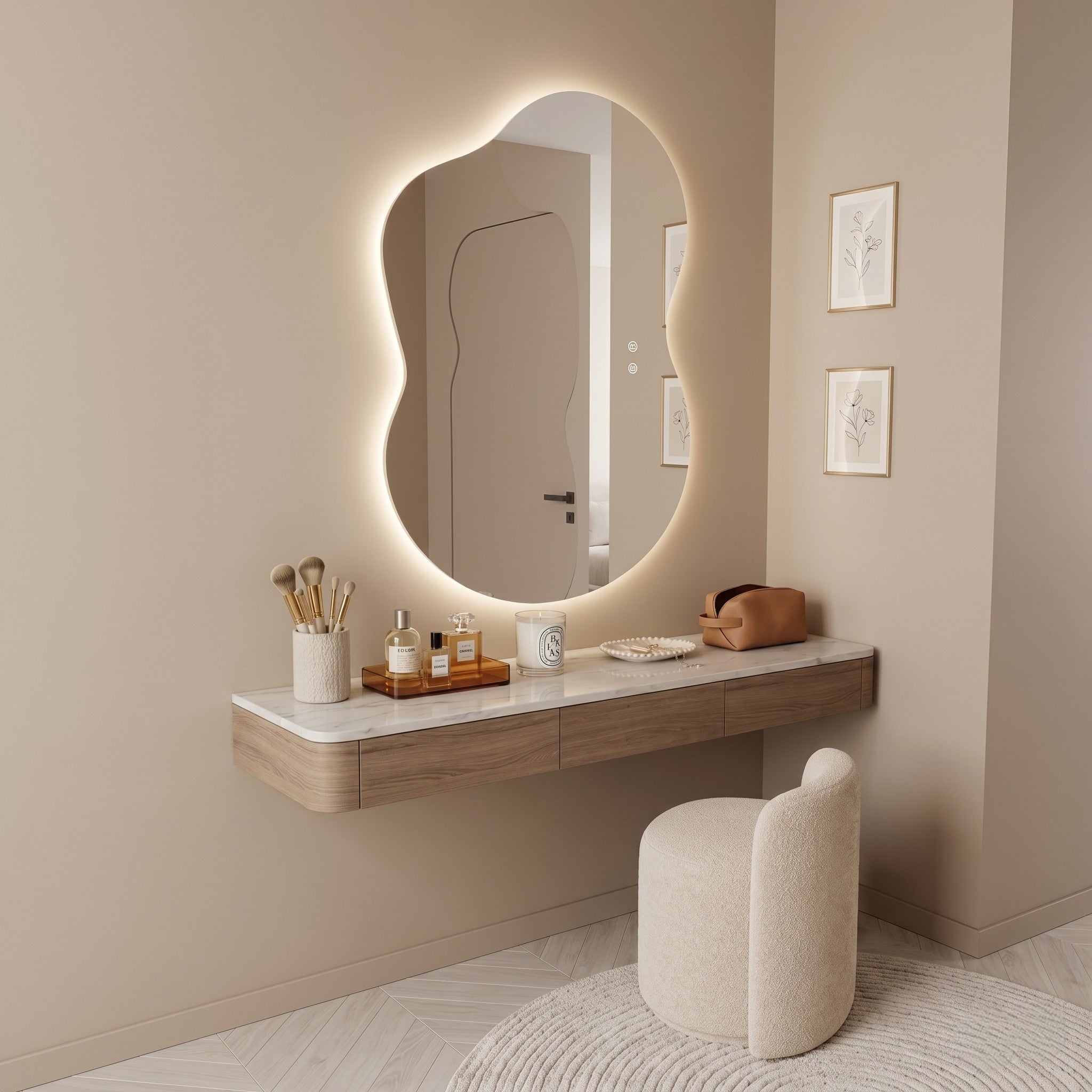 Floating Marble-Top Vanity with Organic LED Backlit Mirror & Boucle Chair