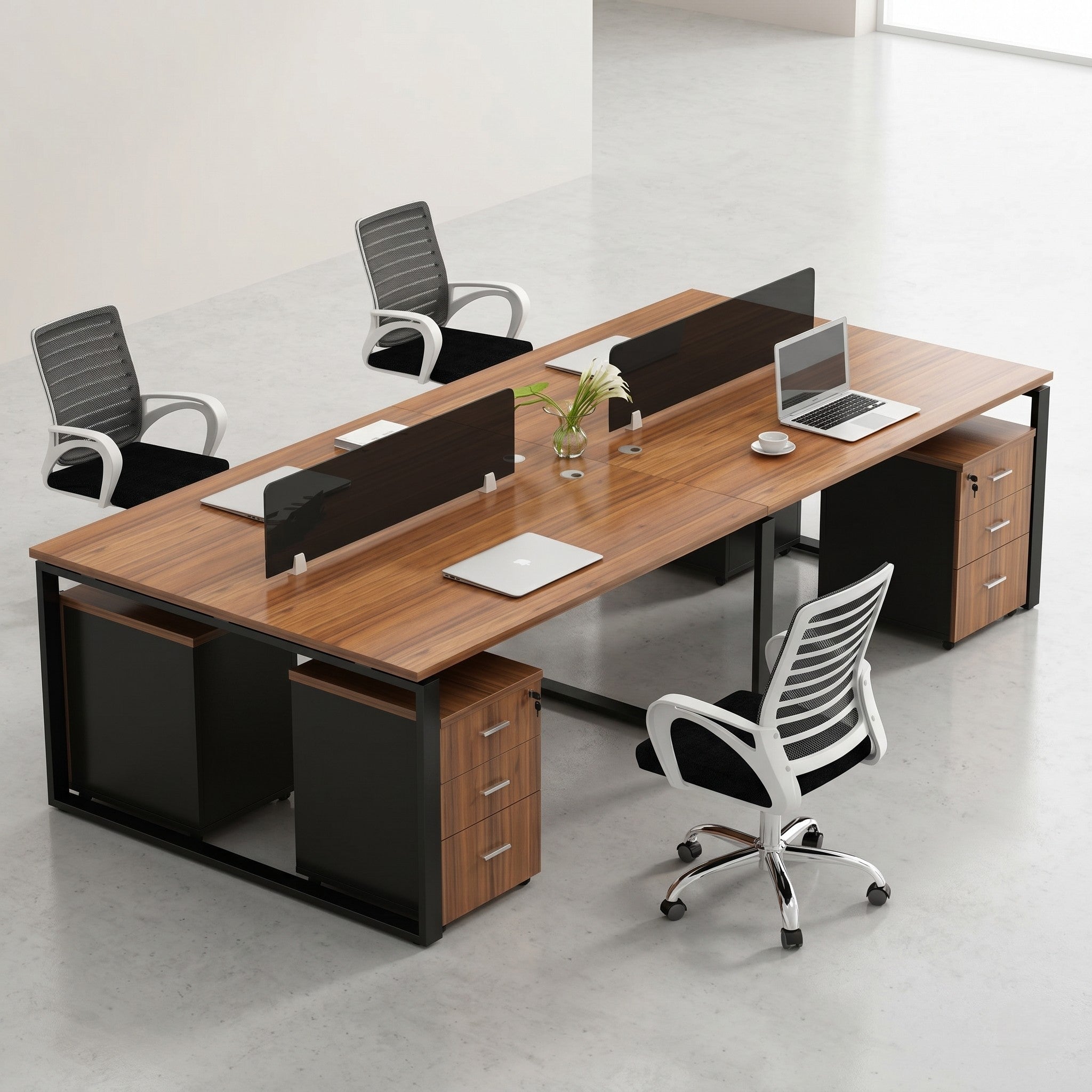 4-Seat Back-to-Back Bench Workstation with Low Dividers & Pedestals – Walnut & Black
