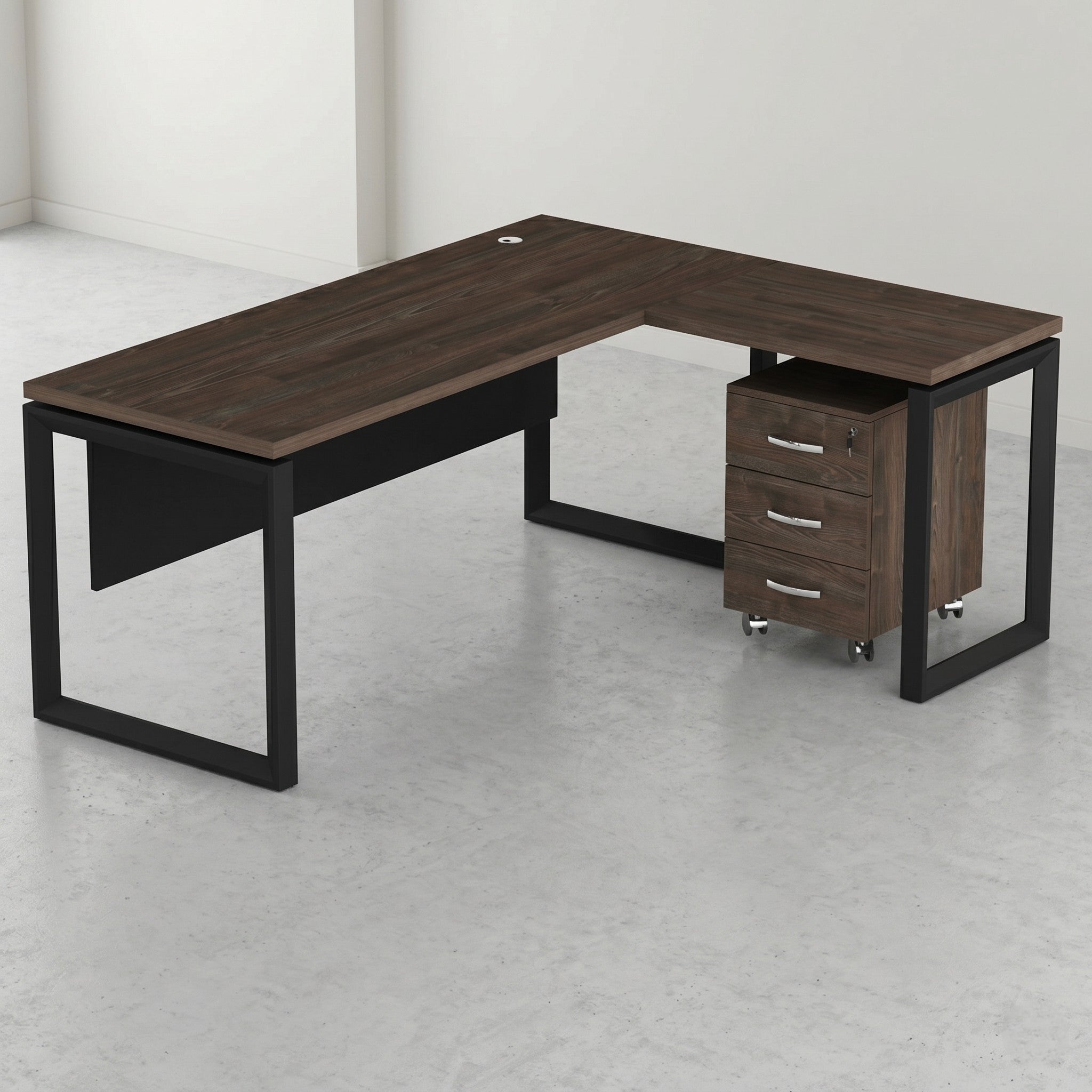 L-Shaped Executive Desk with Mobile Pedestal & Cable Port – Dark Smoked Oak & Black