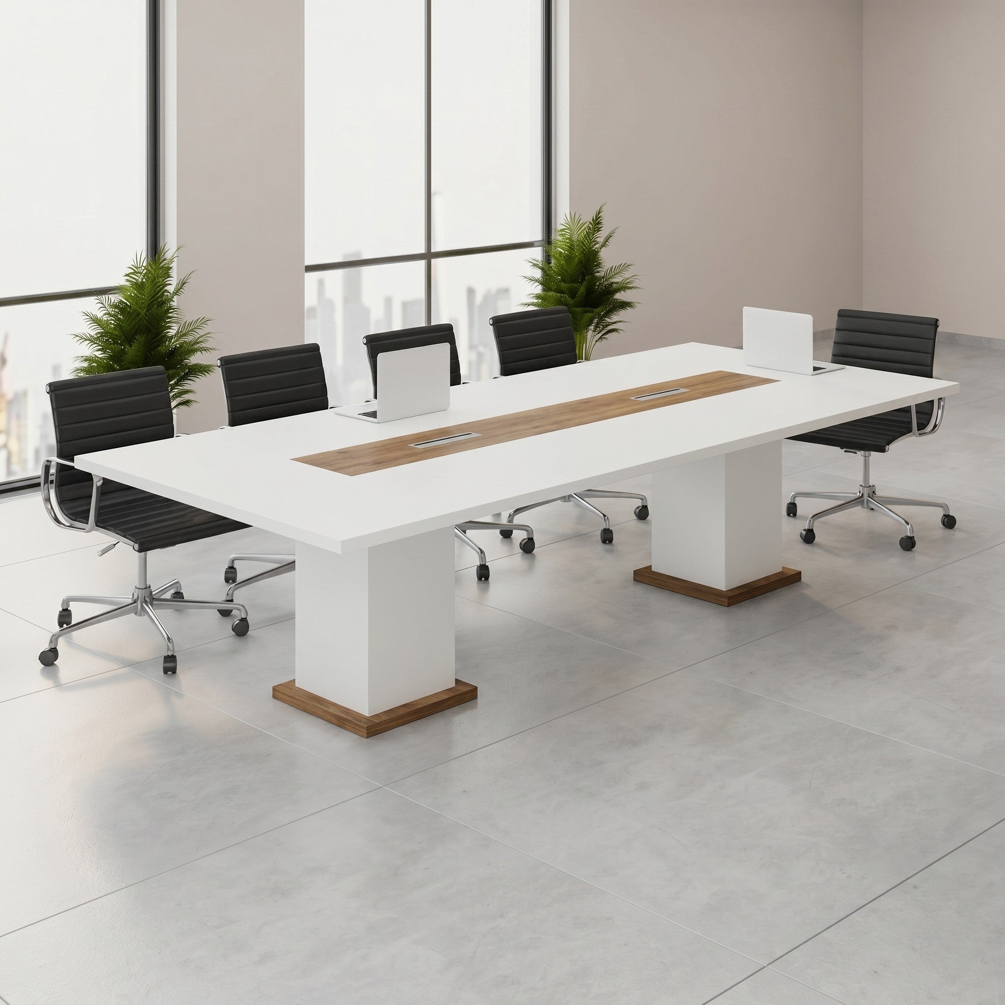 Large Boardroom Conference Table – Gloss White with Oak Inlay