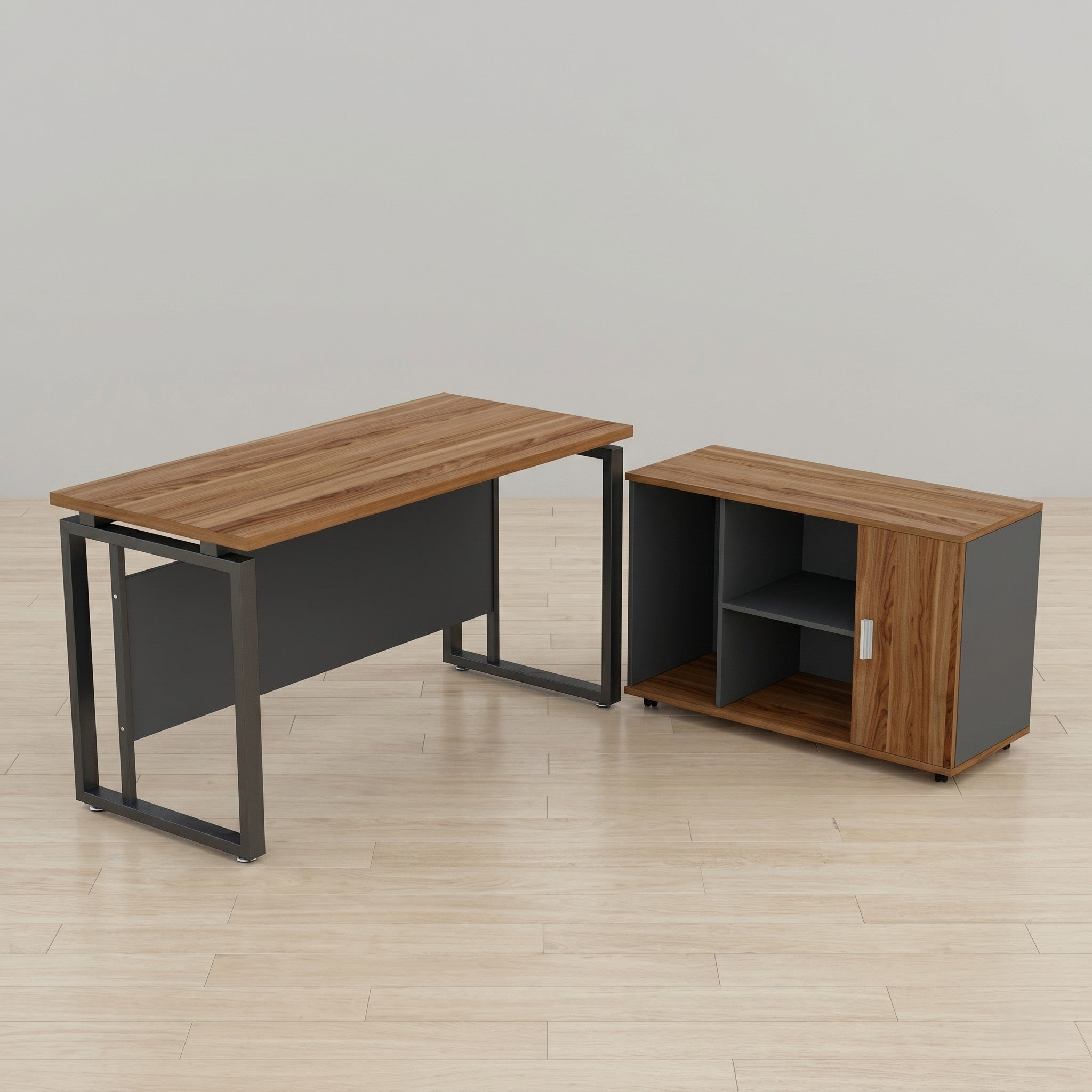 L-Shaped Executive Desk with Sliding Door Credenza – Walnut & Charcoal