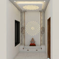 White Full-Room Pooja Mandir with Om Lotus Mandala Feature Wall, Peacock Feather Murals, Lotus Ceiling Medallion, Stepped White Altar and Three Handleless Drawers