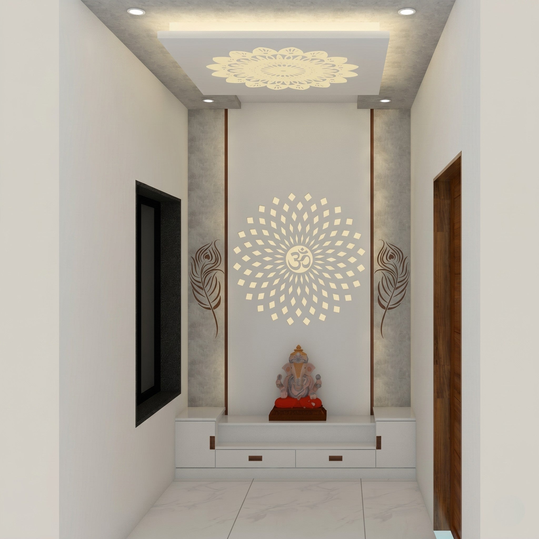 White Full-Room Pooja Mandir with Om Lotus Mandala Feature Wall, Peacock Feather Murals, Lotus Ceiling Medallion, Stepped White Altar and Three Handleless Drawers